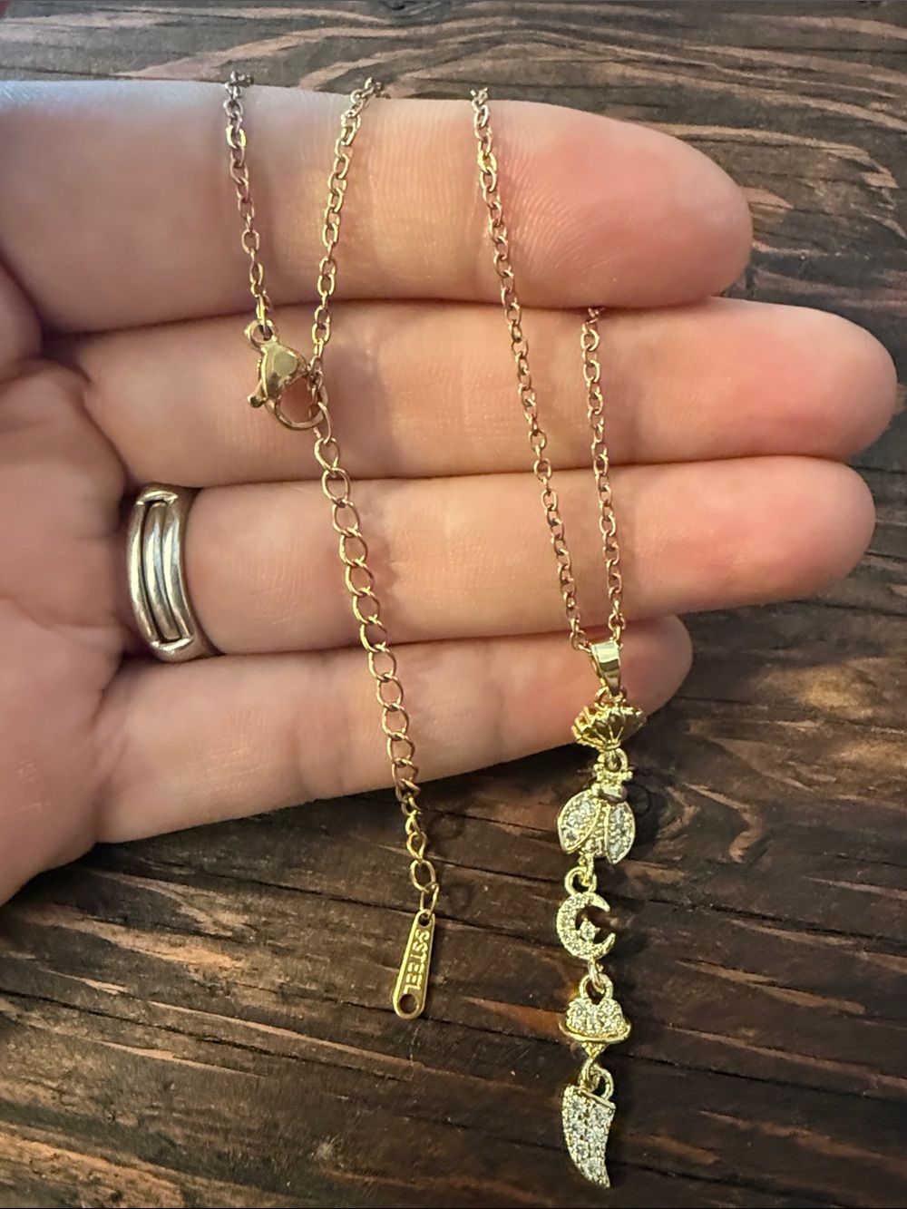 Gold Plated Leaf & Crescent Pave Pendant Necklace - Women's Jewelry
